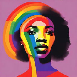 Generate an image of an African American woman looking at half of a rainbow