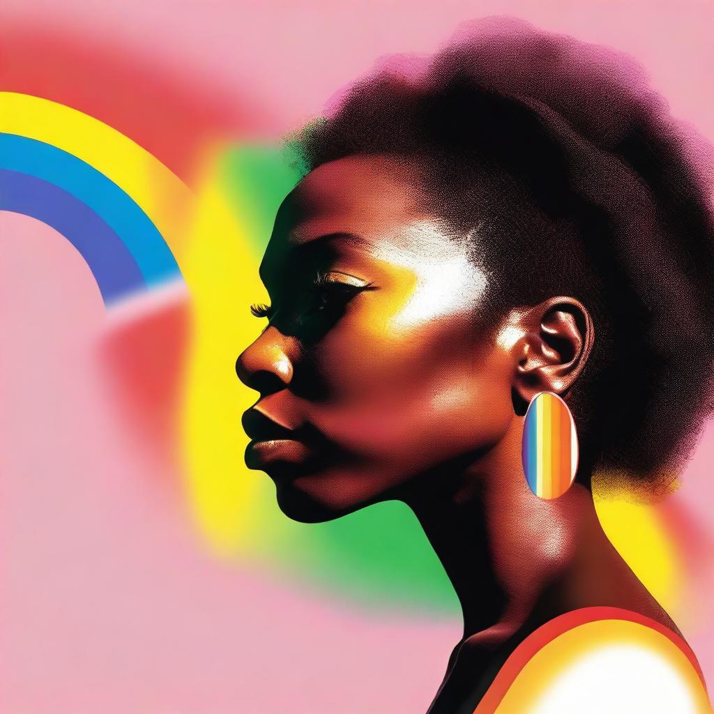 Generate an image of an African American woman gazing at half of a rainbow