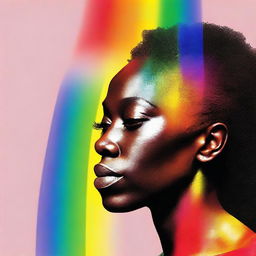 Generate an image of an African American woman gazing at half of a rainbow