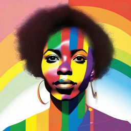 Generate an image of an African American woman gazing at half of a rainbow