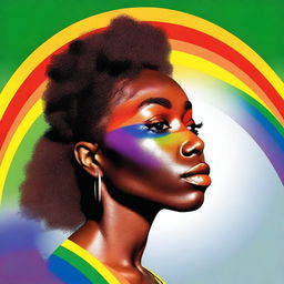 Generate an image of an African American woman gazing at half of a rainbow