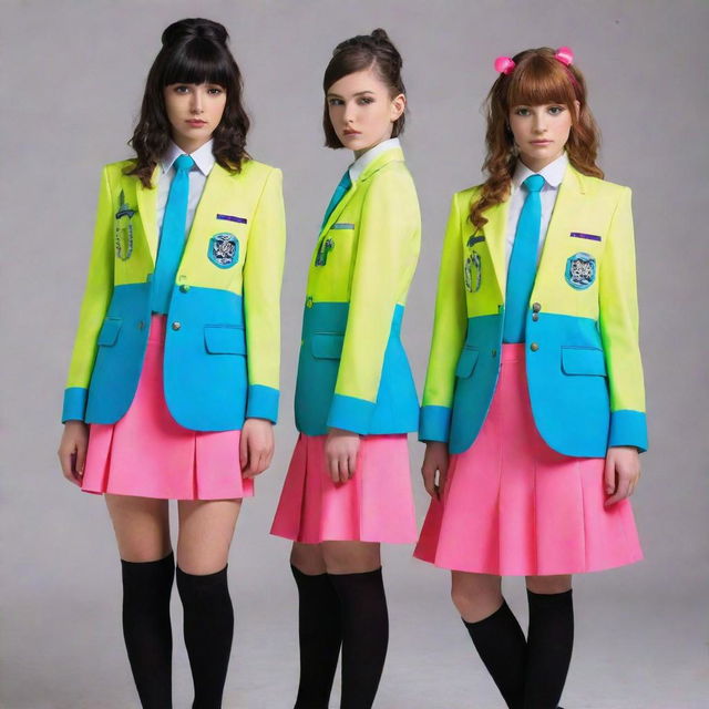 Electropunk school uniforms, showcasing vibrant neon color schemes, coupled with electronic elements and futuristic designs while maintaining the formal essence of classic school attire.