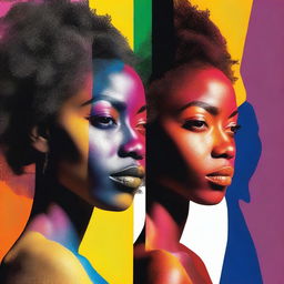 Generate an image of an African American woman gazing at a scene split in half, with one side filled with vibrant colors and the other side in shadow, creating a stark contrast