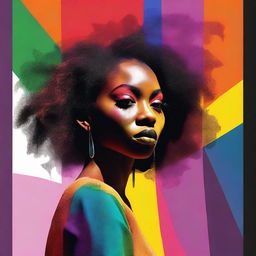 Generate an image of an African American woman gazing at a scene split in half, with one side filled with vibrant colors and the other side in shadow, creating a stark contrast