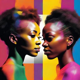 Generate an image of an African American woman gazing at a scene split in half, with one side filled with vibrant colors and the other side in shadow, creating a stark contrast