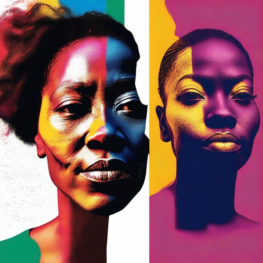 Generate an image of an African American woman looking at a half scene filled with vibrant colors, while the other half is covered in shadow, creating a stunning contrast between the two halves