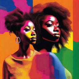 Generate an image of an African American woman looking at a half scene filled with vibrant colors, while the other half is covered in shadow, creating a stunning contrast between the two halves