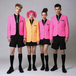 Electropunk school uniforms, showcasing vibrant neon color schemes, coupled with electronic elements and futuristic designs while maintaining the formal essence of classic school attire.