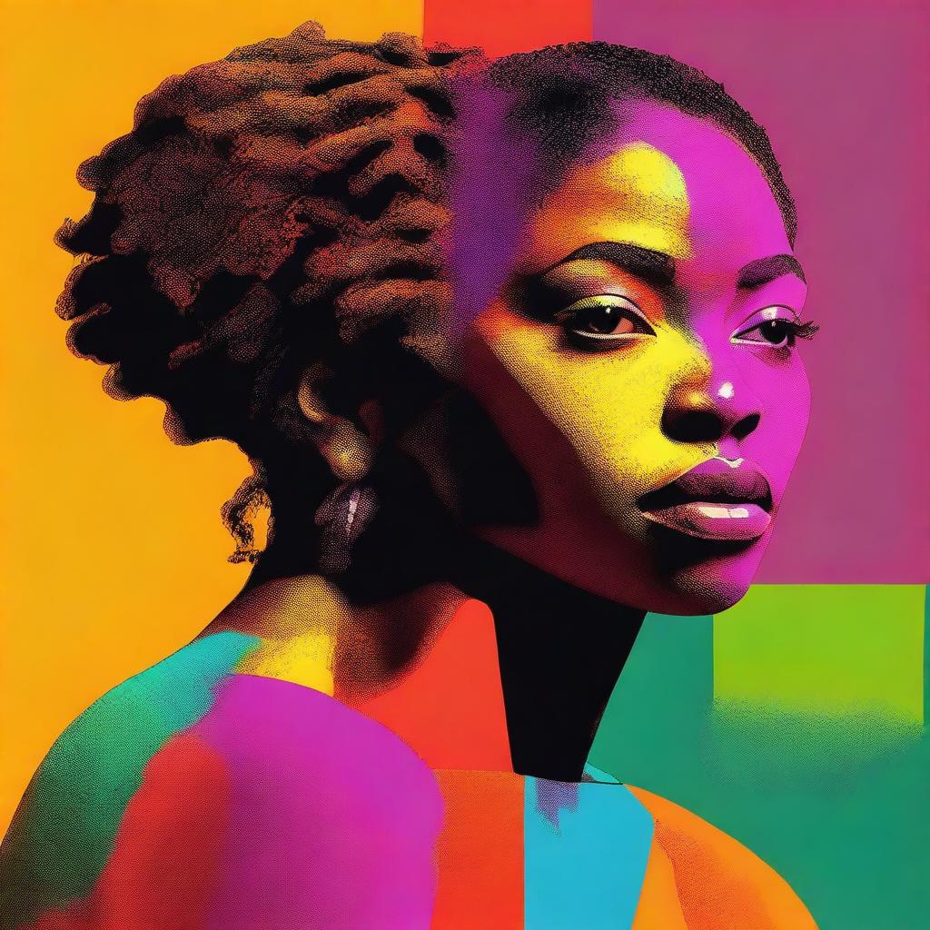 Generate an image of an African American woman looking at a half scene filled with vibrant colors, while the other half is covered in shadow, creating a stunning contrast between the two halves