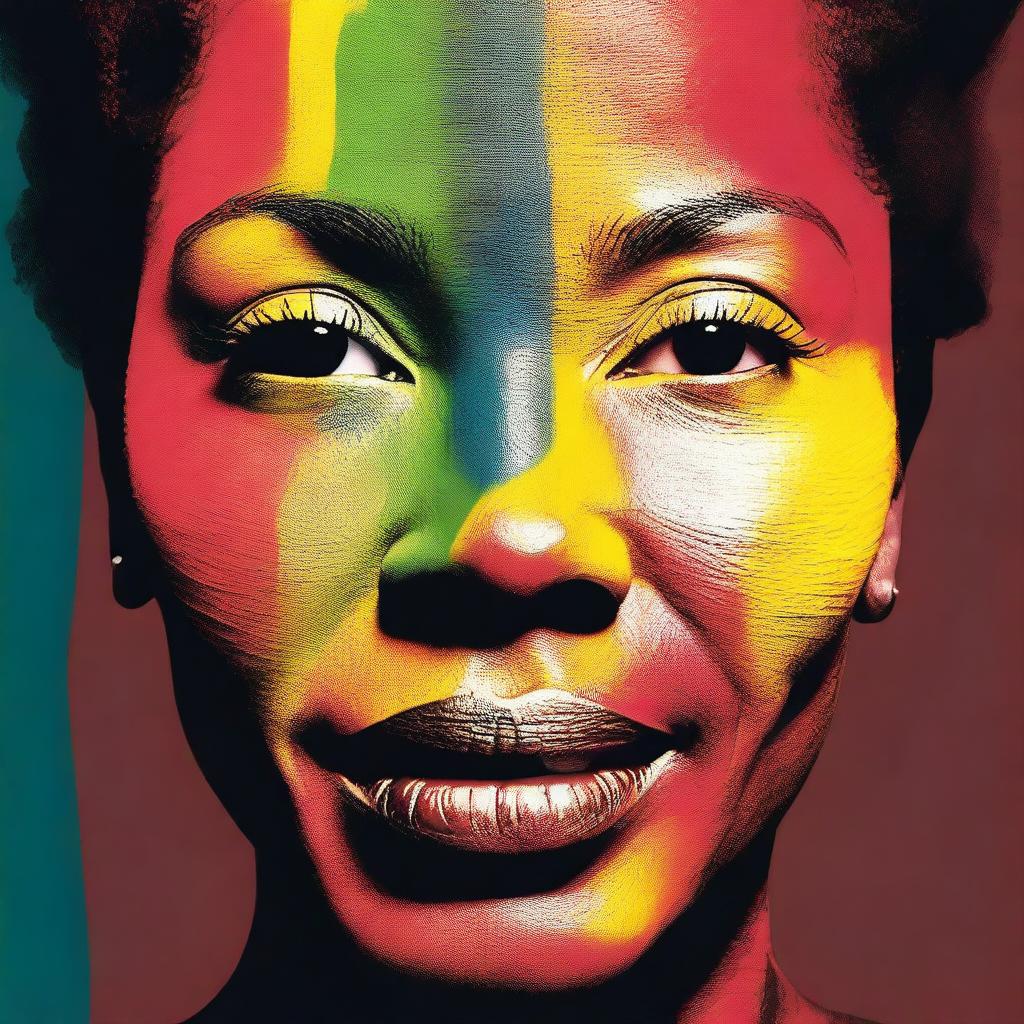 Generate an image of an African American woman whose eyes reflect half a spectrum of vibrant colors, while the other half is shrouded in shadow, creating a compelling contrast