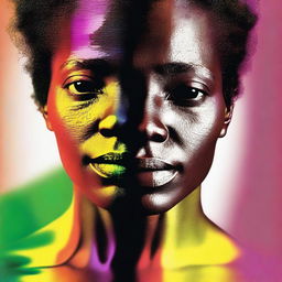 Generate an image of an African American woman whose eyes reflect half a spectrum of vibrant colors, while the other half is shrouded in shadow, creating a compelling contrast