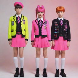 Electropunk school uniforms, showcasing vibrant neon color schemes, coupled with electronic elements and futuristic designs while maintaining the formal essence of classic school attire.