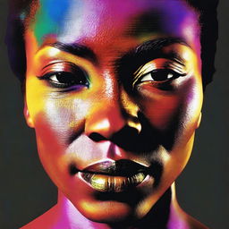 Generate an image of an African American woman, her gaze filled with vibrant colors