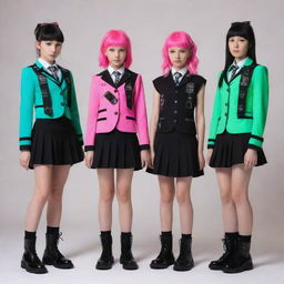 Electropunk school uniforms, showcasing vibrant neon color schemes, coupled with electronic elements and futuristic designs while maintaining the formal essence of classic school attire.