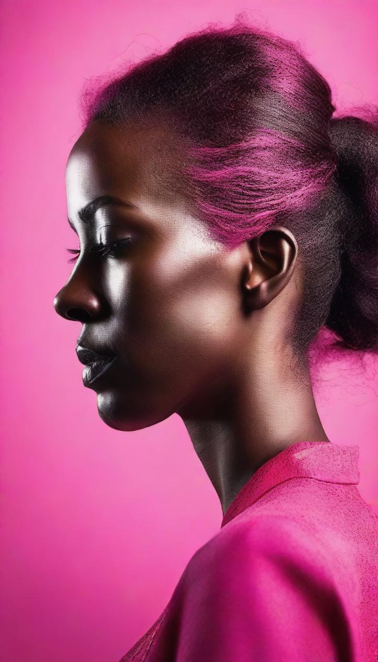 Create a photorealistic portrait of a woman's profile silhouette against a vibrant hot pink backdrop