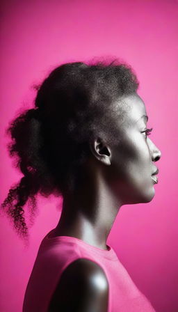 Create a photorealistic portrait of a woman's profile silhouette against a vibrant hot pink backdrop