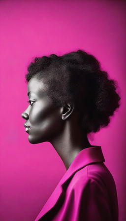 Create a photorealistic portrait of a woman's profile silhouette against a vibrant hot pink backdrop