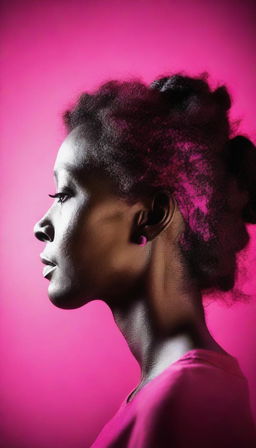 Create a photorealistic portrait of a woman's profile silhouette against a vibrant hot pink backdrop