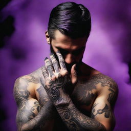 Generate a dark romance book cover featuring a tattooed man's hand enveloped by dark purple smoke