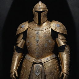 A highly realistic and detailed golden armor, studded with diamonds, decorated with medals and crafted with intricate leatherwork, set against a dark, realistic backdrop.