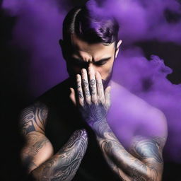 Generate a dark romance book cover featuring a tattooed man's hand enveloped by dark purple smoke