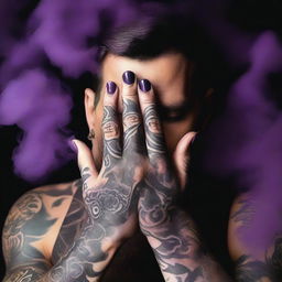 Generate a dark romance book cover featuring a tattooed man's hand enveloped by dark purple smoke