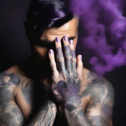 Generate a dark romance book cover featuring a tattooed man's hand enveloped by dark purple smoke