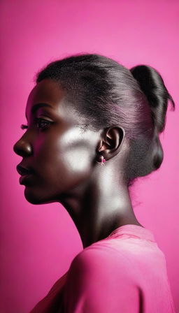 Create a photorealistic portrait of a woman's profile silhouette against a vibrant hot pink backdrop