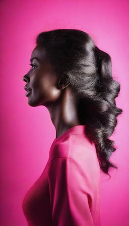 Create a photorealistic portrait of a woman's profile silhouette against a vibrant hot pink backdrop