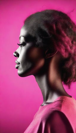 Create a photorealistic portrait of a woman's profile silhouette against a vibrant hot pink backdrop