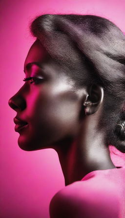 Create a photorealistic portrait of a woman's profile silhouette against a vibrant hot pink backdrop