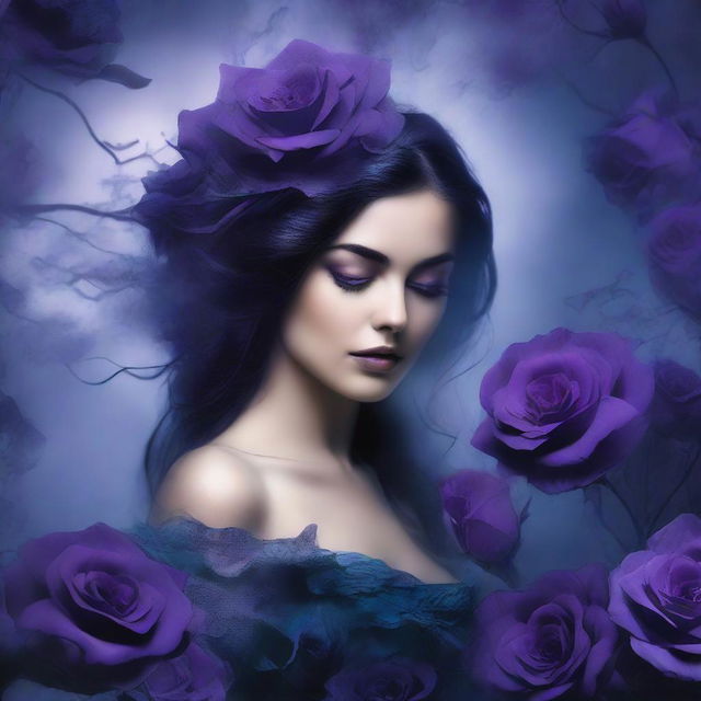 Create a dark romance book cover featuring a backdrop of purple and blue dark flowers, intertwined with tendrils of smoke