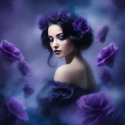 Create a dark romance book cover featuring a backdrop of purple and blue dark flowers, intertwined with tendrils of smoke