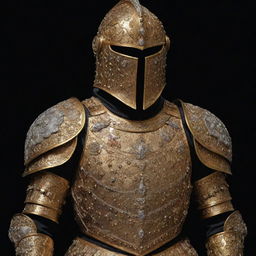 A highly realistic and detailed golden armor, studded with diamonds, decorated with medals and crafted with intricate leatherwork, set against a dark, realistic backdrop.