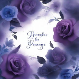 Create a dark romance book cover featuring a backdrop of purple and blue dark flowers, intertwined with tendrils of smoke