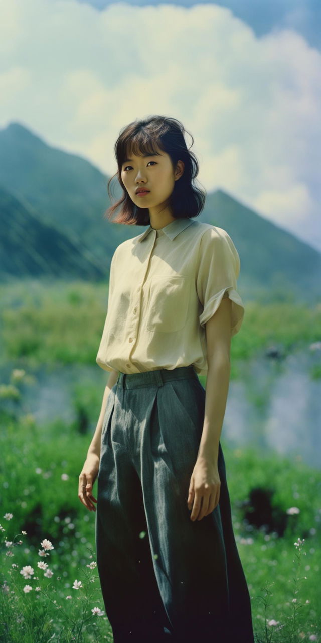 This is a highly detailed, photorealistic image of a young Japanese model in an ethereal landscape