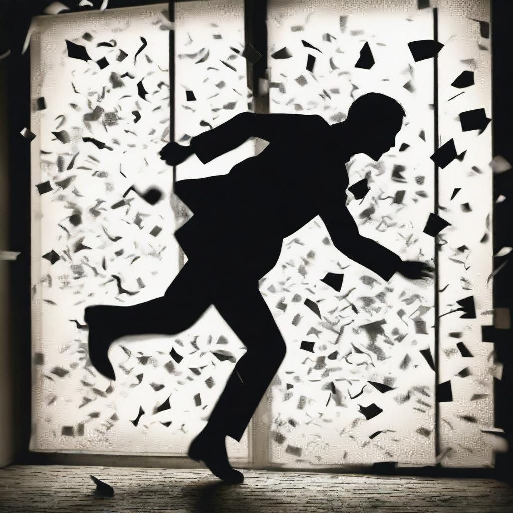 A silhouette of a figure falling through a window