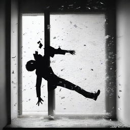 A silhouette of a figure falling through a window