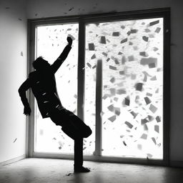 A silhouette of a figure falling through a window