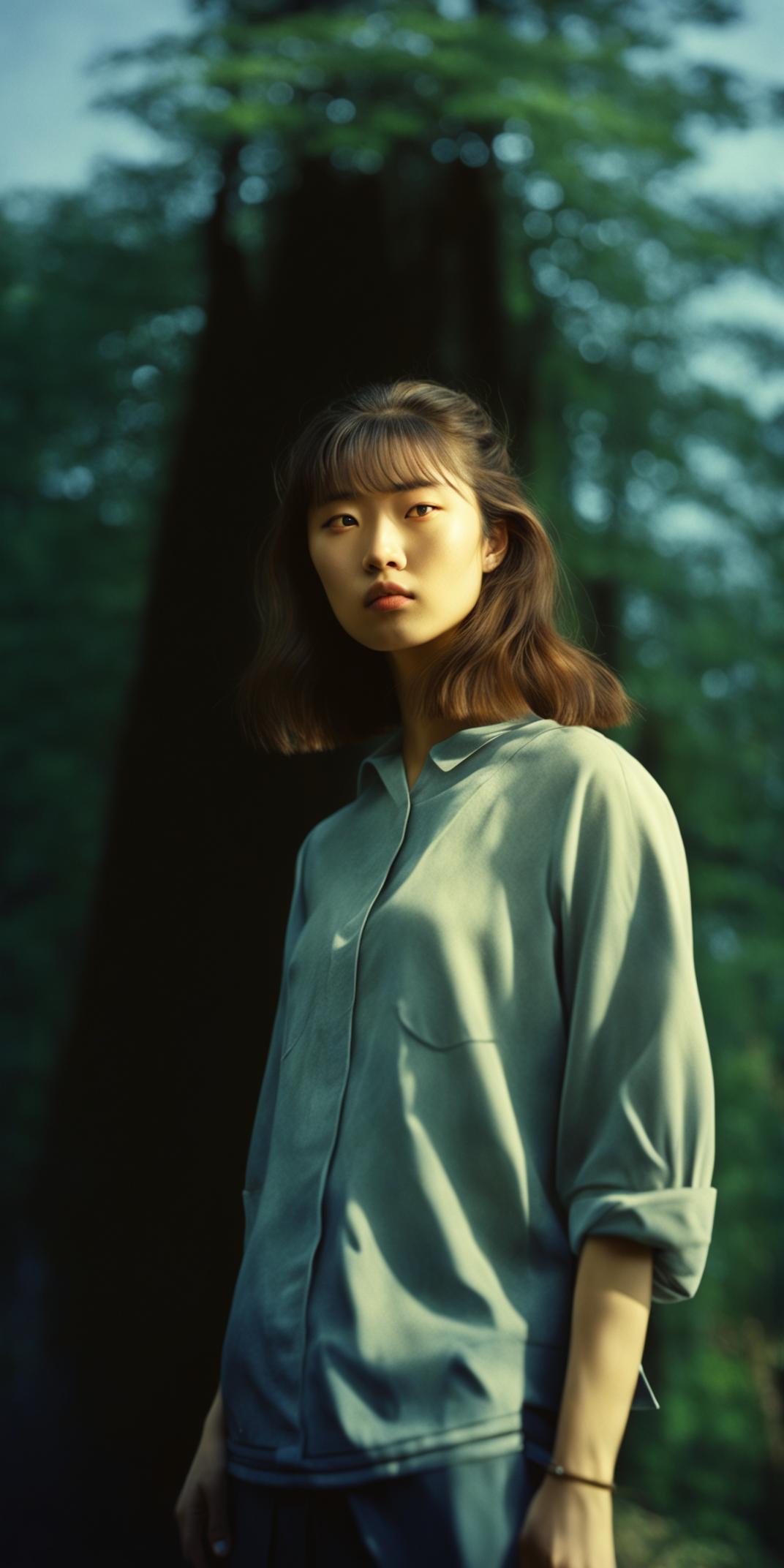 A photorealistic, full body image of a young Japanese model in an ethereal landscape, shot as if with an ARRIFLEX 35 BL Camera and Canon K35 Prime Lenses