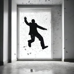 A small silhouette of a figure falling down through a window