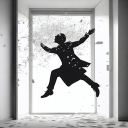 A small silhouette of a figure falling down through a window