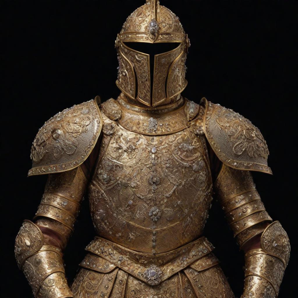 A highly realistic and detailed golden armor, studded with diamonds, decorated with medals and crafted with intricate leatherwork, set against a dark, realistic backdrop.