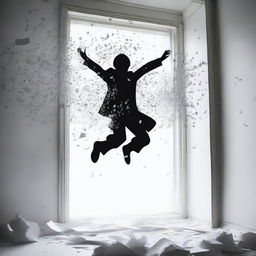 A small silhouette of a figure falling down through a window