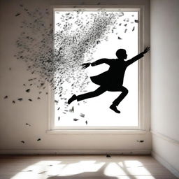 A small shadowy figure falls down through a window