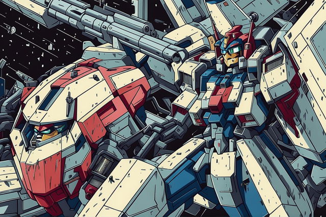 An action-packed illustration of the RX-78-2 Gundam in the midst of battle, equipped with its shield and weapon, in the style of Kunio Okawara from the anime series Mobile Suit Gundam