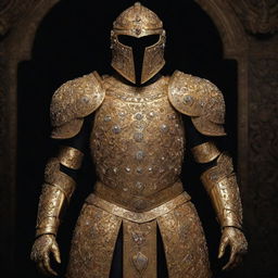 A highly realistic and detailed golden armor, studded with diamonds, decorated with medals and crafted with intricate leatherwork, set against a dark, realistic backdrop.