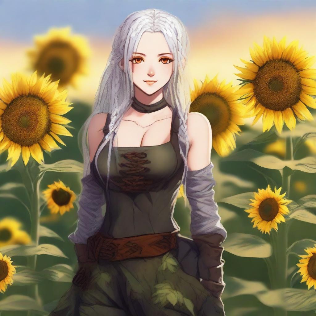 Create an image of a girl standing waist-deep in a meadow full of sunflowers at sunset