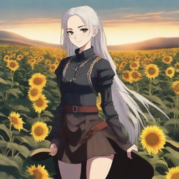 Create an image of a girl standing waist-deep in a meadow full of sunflowers at sunset