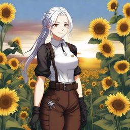 Create an image of a girl standing waist-deep in a meadow full of sunflowers at sunset